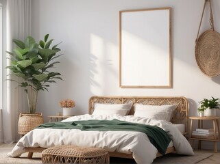Interior design of room with blank poster frame, Off-White desk, cozy bed, vase with leaves