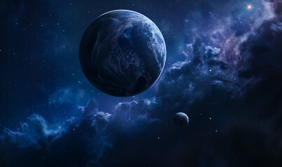 Mysterious planets amidst cosmic nebulae in a deep blue celestial expanse