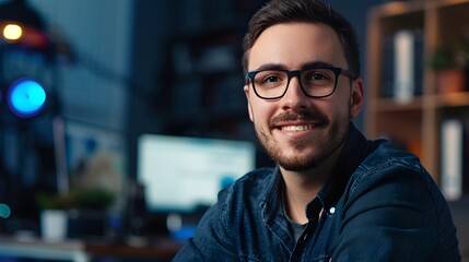 Fototapeta premium Cheerful Technical Specialist Focused on Digital Workflow in Coworking Space