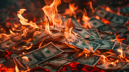 A pile of dollar bills on fire
