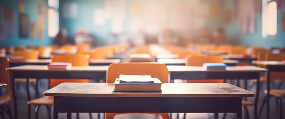 A blurred background of an empty classroom