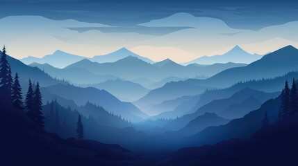 Fototapeta premium Illustration of a beautiful dark blue mountain landscape with fog and forest, capturing sunrise and sunset in the mountains