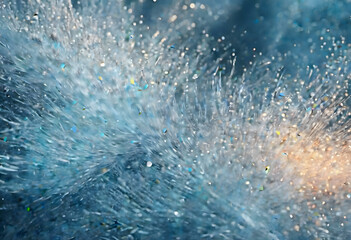 Fototapeta premium Abstract close-up of shimmering blue and silver fibers with bokeh effect.