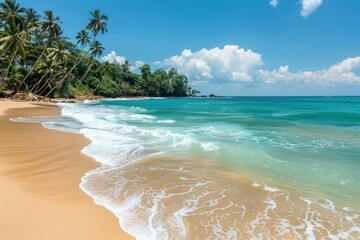 A beautiful beach with a blue ocean and palm trees in the background