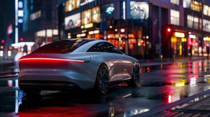 Fototapeta premium A futuristic car is driving down a wet city street at night