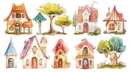Obraz premium Enchanting Storybook Cottages and Celestial Treehouse Sanctuaries in a Quaint Historic European Village