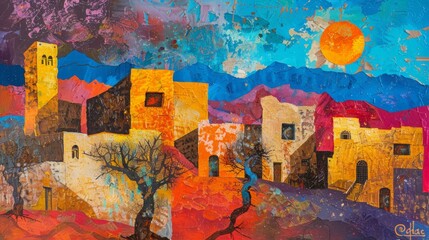landscape paintings of old city with deserted buildings , vibrant colors