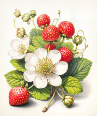 Watercolor Strawberry Splendor, Vivid Berries and Blossoms