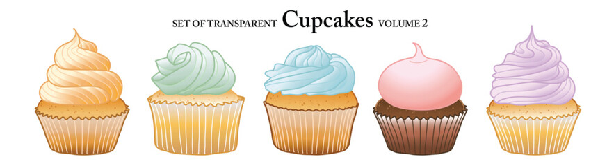 Cupcakes in colorful colors on transparent background. Set of isolated dessert illustration in hand drawn style. Food elements for coloring book, sticker or design. Volume 2.