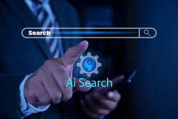Businessman using smartphone clicking internet search AI search engine bar for data search optimization by artificial intelligence technology. Ai search tech concept