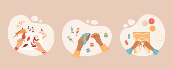 Handicraft DIY art class activity illustration, cartoon handmade painting craftwork concept, flat hands make creative handcraft pottery workshop, colorful hobby group vector background banner,