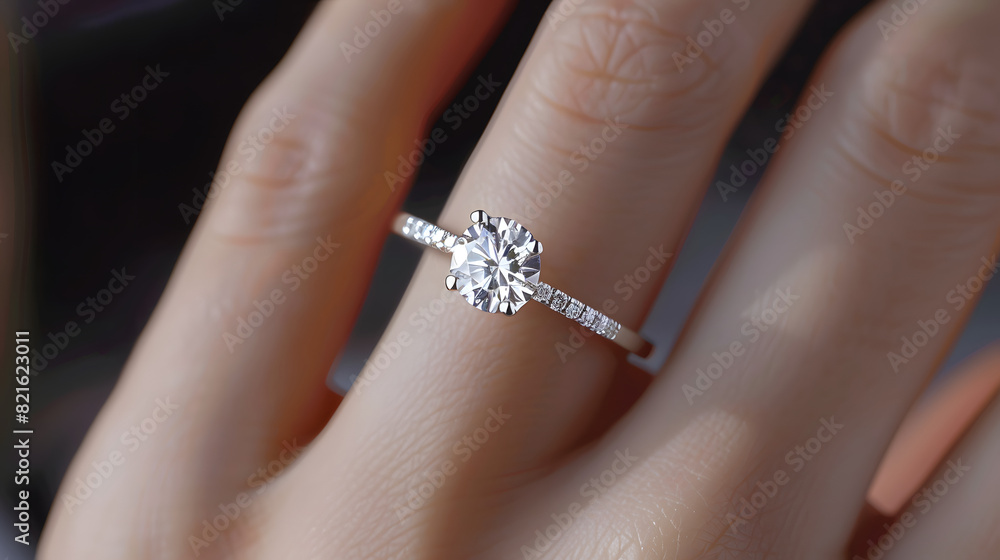 Wall mural Close up of an elegant engagement diamond ring on woman finger. love and wedding concept. Diamond ring on young lady's hand on dark background. AI