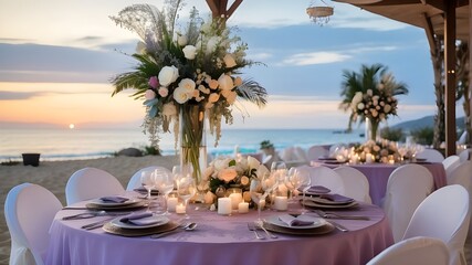 decorated table for wedding and party celebrations at the beach resort at dusk close to the ocean