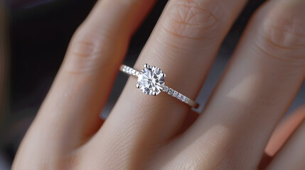 Close up of an elegant engagement diamond ring on woman finger. love and wedding concept. Diamond ring on young lady's hand on dark background. AI