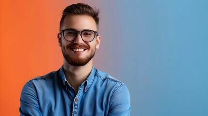 Cheerful Young Professional in Casual Attire Smiling at in Modern Workspace