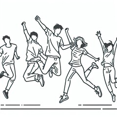 happiness, freedom, motion, diversity and people cartoon illustration concept - international group of happy smiling men and women jumping over white background