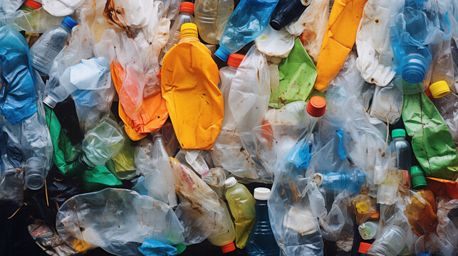 Background of used plastic bags, bottles, food containers.