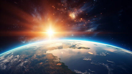 View of the Earth, sun, star and galaxy. Sunrise over planet Earth, view from space.