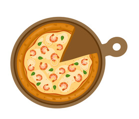 Seafood Pizza. Vector illustration of italian pizza. Pizza with shrimp, basil, peppers and cheese