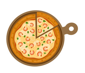 Seafood Pizza. Vector illustration of italian pizza. Pizza with shrimp, basil, peppers and cheese