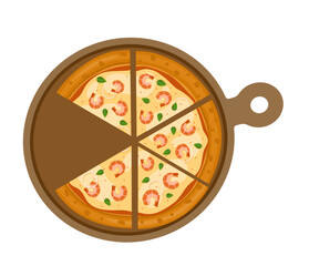 Seafood Pizza. Vector illustration of italian pizza. Pizza with shrimp, basil, peppers and cheese