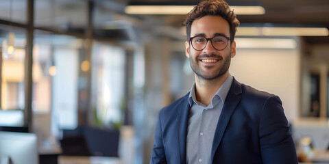 Fototapeta premium Manabger steht im Büro und freut sich über sein Geschäftsergebnis.