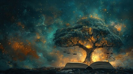A digital painting of a tree with branches holding different symbols of freedom and democracy, like scales of justice and open books.