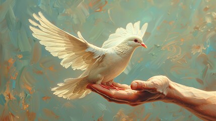 An illustration of an open hand with a dove landing on it, symbolizing peace and freedom.