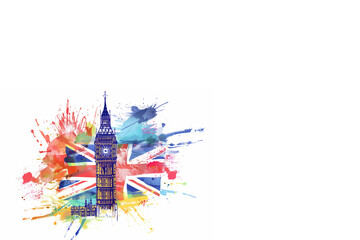 tour de Big Ben symbole de Londres en Angleterre, Royaume-Uni, Grande Bretagne, devant leur drapeau Union Jack avec des tâches de couleurs façon aquarelle sur fond blanc espace négatif copyspace