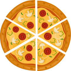 Vegetarian Pizza. Vector illustration of italian pizza. Pizza with mushroom, basil, tomato, onion, peppers and cheese