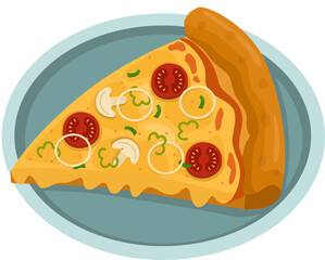 Vegetarian Pizza. Vector illustration of italian pizza. Pizza with mushroom, basil, tomato, onion, peppers and cheese