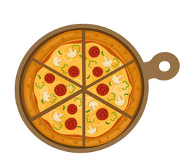 Vegetarian Pizza. Vector illustration of italian pizza. Pizza with mushroom, basil, tomato, onion, peppers and cheese