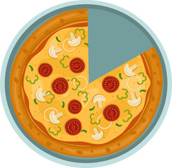 Vegetarian Pizza. Vector illustration of italian pizza. Pizza with mushroom, basil, tomato, onion, peppers and cheese