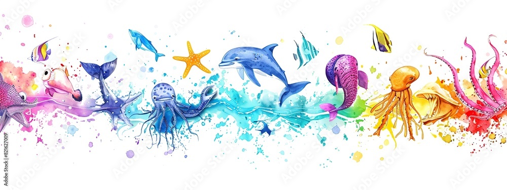 Wall mural Colorful underwater scene with various fish and dolphins hand painted watercolor with colorful splashes isolated on white background.