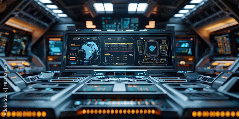 Poster futuristic command table in high tech spaceship bridge for sci fi collectibles and product concepts