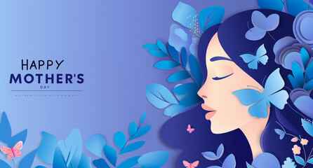 "Happy mother's day", texte en anglais pour la fête des mères, illustration en papier découpé, portrait de femme de profil sur un fond bleu violet, avec des papillons et des plantes