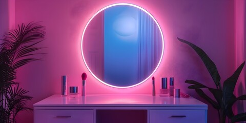 Glamorous Makeup Vanity with Neon Lit Mirror and Tropical Decor for Beauty Product Display
