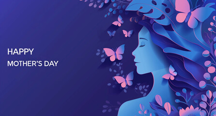 Fête des mères, texte en anglais "Happy mother's day" sur fond background, bleu violet avec une femme de profil en papier déchiré avec papillons et fleurs