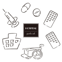 Hospital image icon set(Black and white, hand-drawn)
