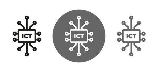 ICT icon set with outline, Information and computer technology icon, circuit diagram of ICT, ICT chip