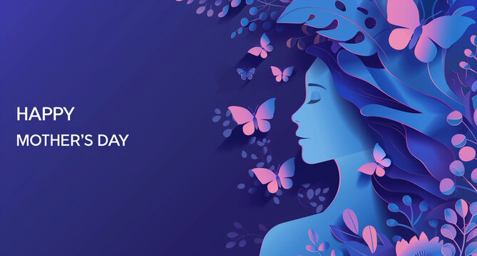 Fête des mères, texte en anglais "Happy mother's day" sur fond background, bleu violet avec une femme de profil en papier déchiré avec papillons et fleurs