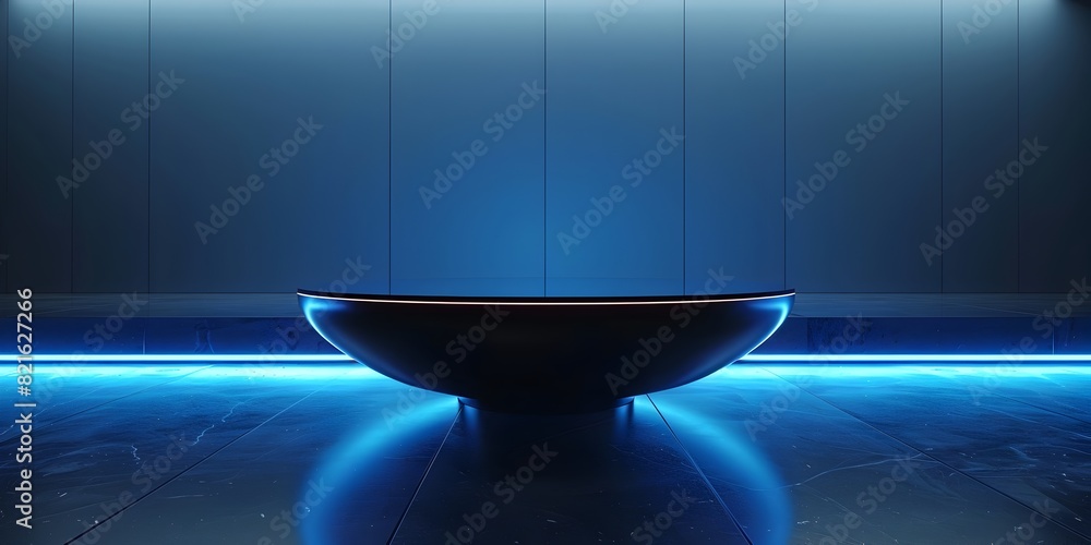 Aufkleber futuristic glossy black table with reflective surface and blue neon lighting 3d rendered for high te