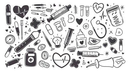 Drawing of medical supplies and equipment in hand drawn style. The drawing is of a medical theme and conveys a sense of care and compassion isolated on white background.