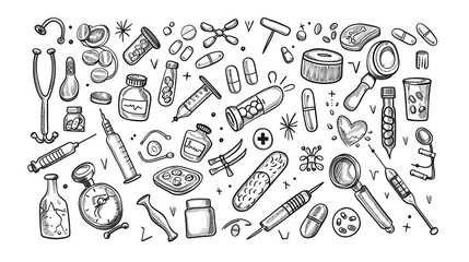 Drawing of medical supplies and equipment in hand drawn style. The drawing is of a medical theme and conveys a sense of care and compassion isolated on white background.