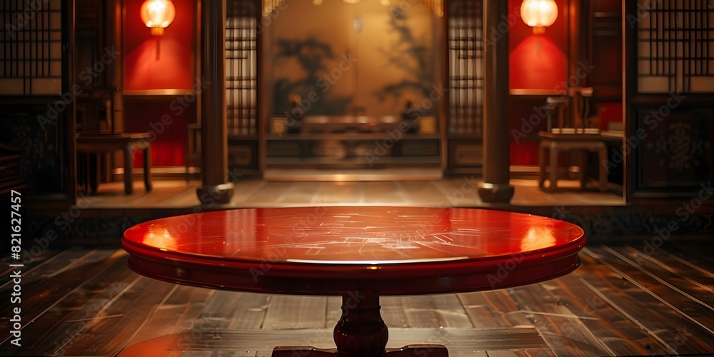 Poster lacquered red table in elegant traditional asian interior setting with ambient lighting and empty su