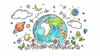 Planet earth with a variety of plants and celestial bodies in hand drawn style isolated on white background. Happy earth day concept.