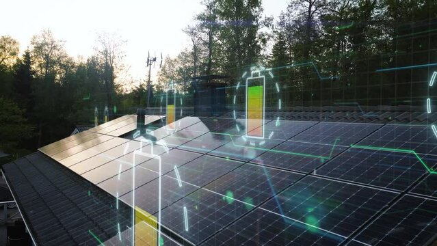 Photovoltaic modules with charging Battery icons on solar energy powered house