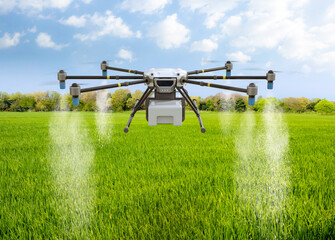 Agriculture technology with drone fly above and spray fertilizer