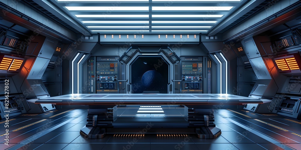 Poster futuristic spaceship bridge command table with sleek digital interface for sci fi concept and produc