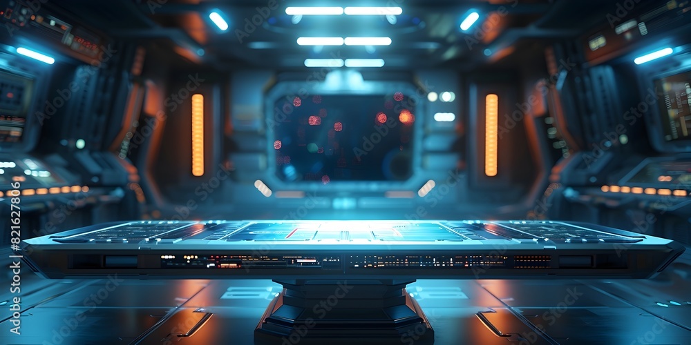 Poster the advanced command table in a high tech spaceship bridge setting ready for showcasing futuristic p